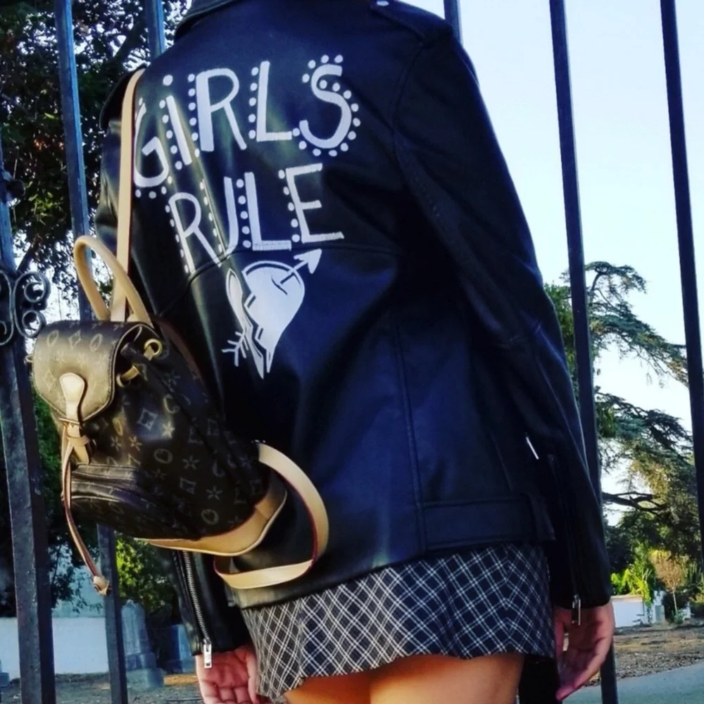 Zara Vegan Leather Edgy Moto Biker Jacket XS Girls Rule Slogan Bloggers Favorite - Picture 14 of 16